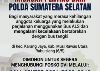 Cari Anggota Keluarga di Bus ALS? Hubungi DVI Polda Sumsel di Nomor Ini