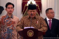 Presiden Prabowo dan Wakil Presiden Gibran Rakabuming pada saat mengumumkan susunan Kabinet Merah Putih.
